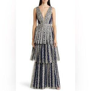 Marchesa Notte Sleeveless Tiered Gown, Navy w/ Silver Metallic Embroidery, sz 6